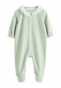 Lysegrøn babybody med blonderkant ved kraven, blomstrende indvendig foring, samlede ærmer og foddesignet; har en knaplukning foran.