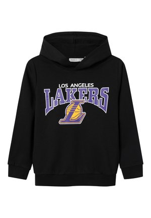 Czarna bluza z kapturem z nadrukiem z przodu z napisem "LOS ANGELES LAKERS" w kolorach fioletowo-żółtych. Posiada kieszeń kangurkę oraz ściągacze na rękawach.