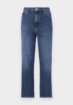 Blue straight-leg jeans made from denim, featuring a high waist, five-pocket design, and a metal button closure at the waistband.