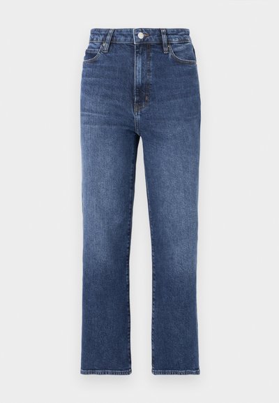 Blue straight-leg jeans made from denim, featuring a high waist, five-pocket design, and a metal button closure at the waistband.