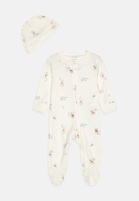 Kreemjas värvitoonis puuvillane beebivorm, pikad varrukad, millel on toredad looduslike loomade trükk ja esine tõmblukk. Komplektis on sobiv pehme müts.