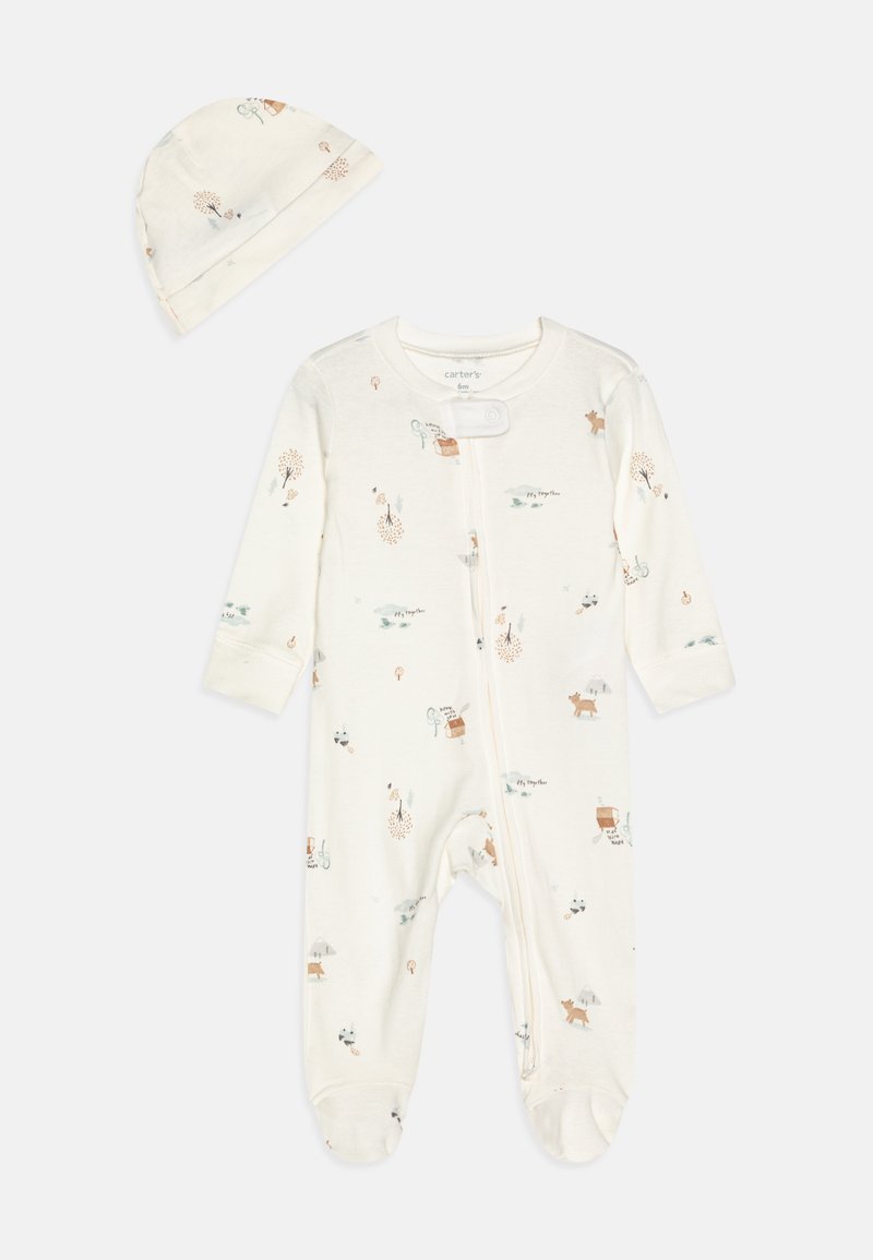 Kreemjas värvitoonis puuvillane beebivorm, pikad varrukad, millel on toredad looduslike loomade trükk ja esine tõmblukk. Komplektis on sobiv pehme müts.