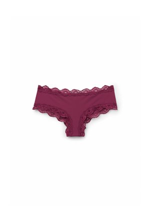 Burgundy lace-trimmed panties with a soft fabric, featuring scalloped edges and a comfortable fit, designed for everyday wear.