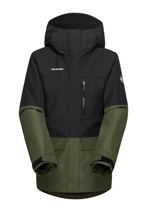 Schwarze und olivgrüne wasserdichte Jacke mit Kapuze, Reißverschlussbrusttasche und Fleece-futterten Bündchen. Mit Logo auf der Brust und dem Arm.