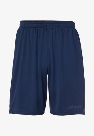 Navy athletic shorts made from lightweight fabric, featuring an elastic waistband and subtle logo detailing on the lower leg.