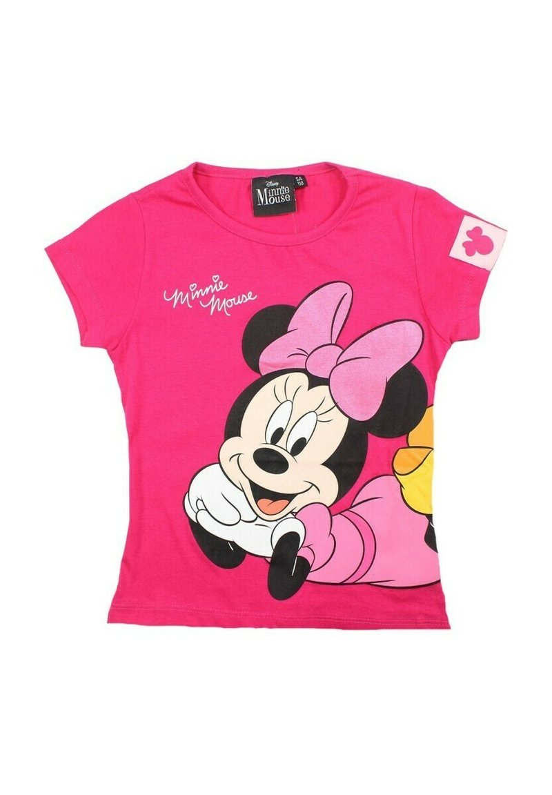 T-shirt en coton rose avec un grand graphique de Minnie Mouse, avec un nœud et une pose enjouée, et un petit design rose sur la manche.