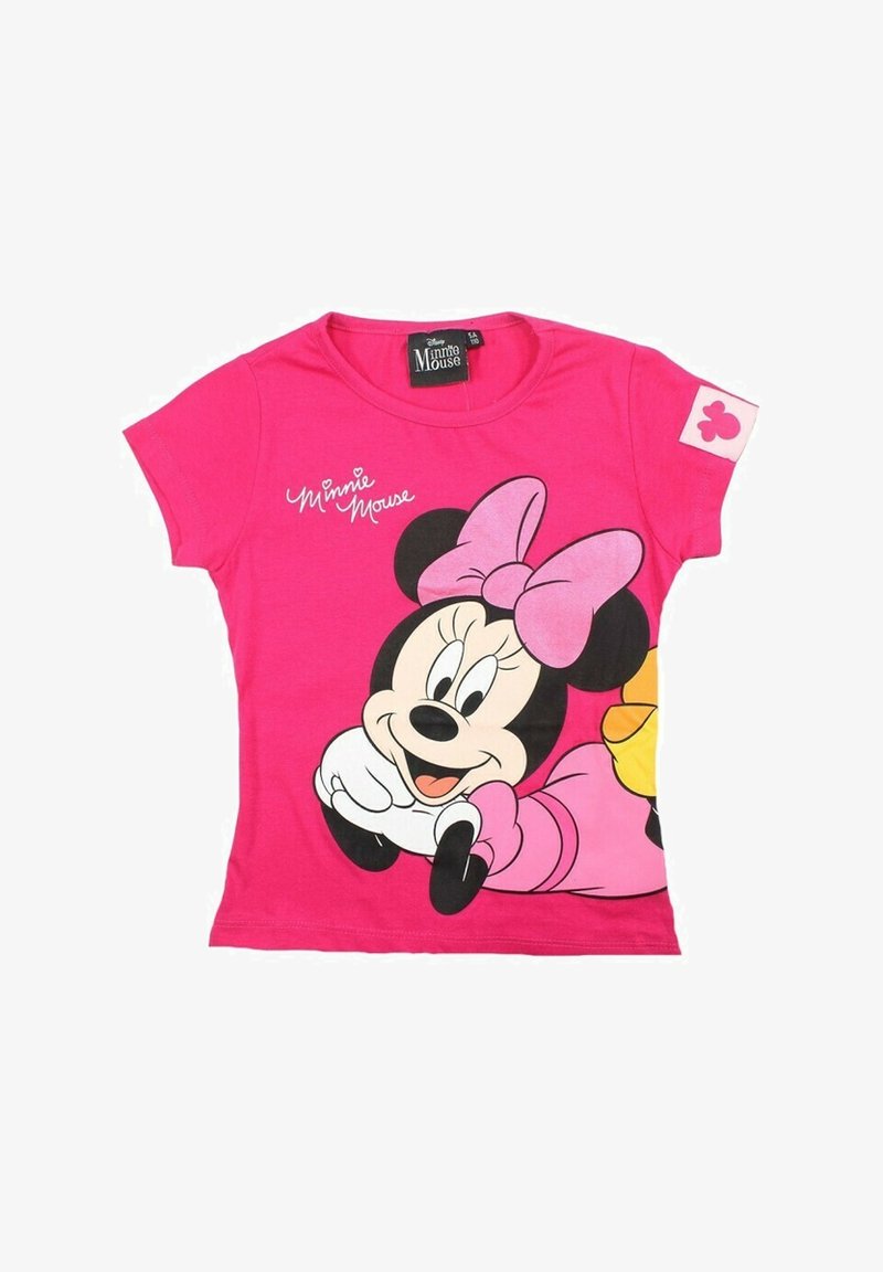 T-shirt en coton rose avec un grand graphique de Minnie Mouse, avec un nœud et une pose enjouée, et un petit design rose sur la manche.