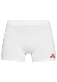Białe aktywne szorty o dopasowanym kroju, miękkiej fakturze, z małym pomarańczowym i czarnym logo w dolnym prawym rogu.