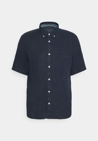 Korte mouw, knoopshirt van donkerblauwe linnen met een spread collar en een borstzak. Kenmerkt zich door witte knopen en een gestructureerde afwerking.