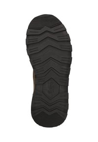 Schwarze Gummisohle mit einem Zickzack-Profil und strukturierter Oberfläche für Rutschfestigkeit. Mit einem markanten Logo in der Mitte.