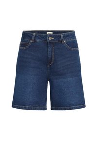 Tamsiai mėlyni džinsiniai šortai su formuojančia juosmens dalimi, penkiomis kišenėmis, sagos užsegimu ir siuvimo detalėmis. Lygus tekstūra ir tiesus kirpimas.