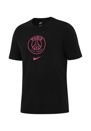 Zwarte katoenen t-shirt met ronde hals, met een roze Paris Saint-Germain logo en Nike swoosh op de voorkant. Korte mouwen.