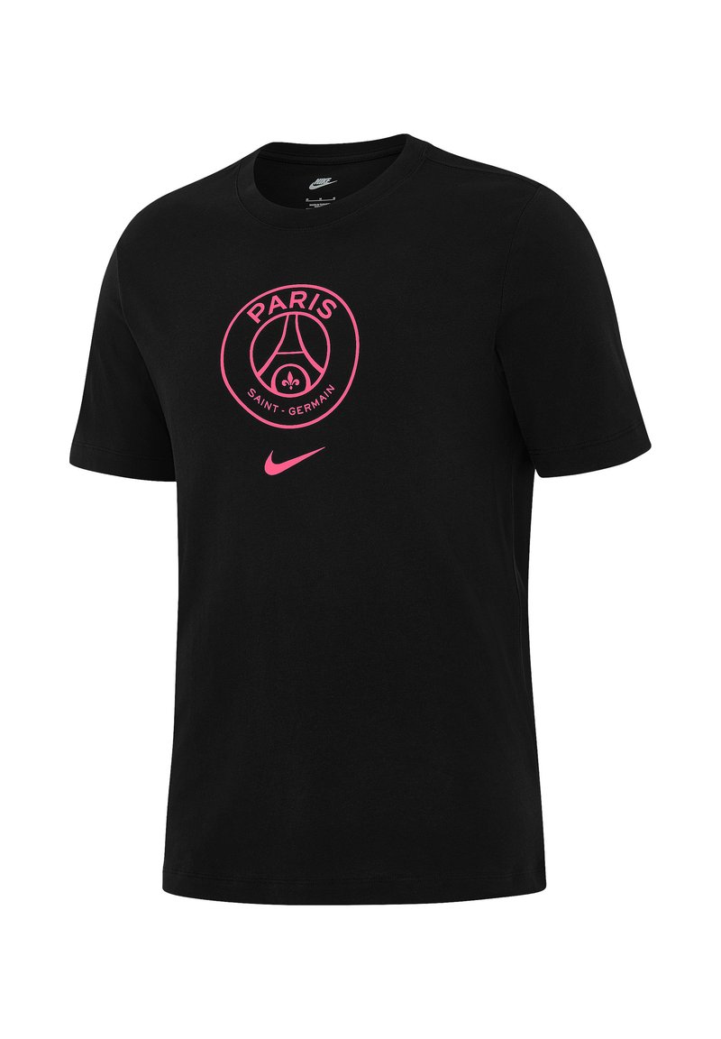 Schwarzes Baumwoll-T-Shirt mit Rundhalsausschnitt, auf der Vorderseite mit einem pinkfarbenen Paris Saint-Germain-Logo und Nike-Swoosh bedruckt. Kurze Ärmel.