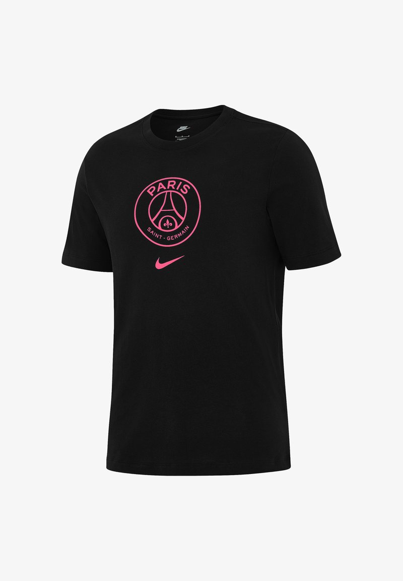 Schwarzes Baumwoll-T-Shirt mit Rundhalsausschnitt, auf der Vorderseite mit einem pinkfarbenen Paris Saint-Germain-Logo und Nike-Swoosh bedruckt. Kurze Ärmel.