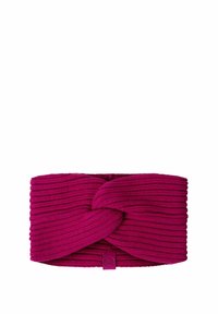 Wollene Stirnband in Magenta mit einem gedrehten Design an der Vorderseite, ausgestattet mit strukturiertem Rippenmuster und einem kleinen Logosticker.