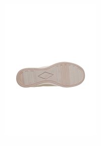 Suela de zapato en goma beige claro, con ranuras horizontales y un patrón de logo en forma de diamante en el centro, textura suave y diseño robusto.