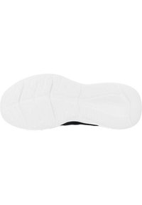 Zapatilla deportiva negra con una suela de goma blanca moldeada y texturizada. Presenta surcos para mayor tracción y un diseño flexible para la comodidad.