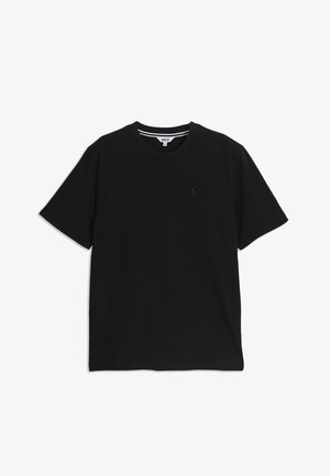 Zwart T-shirt met korte mouwen en ronde hals, met een klein geborduurd logo op de linkerborst en een gestreept label aan de binnenkant van de kraag.