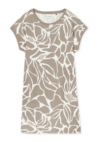 Vestido beige de manga corta con un patrón abstracto de hojas blancas. Fabricado en tela suave con un corte relajado y escote redondo.
