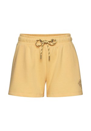 Yellow cotton shorts with a drawstring waist, featuring a textured finish and a small graphic design on the lower side.