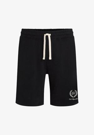 Fekete pamut rövidnadrág, rugalmas derékkal, elefántcsont színű húzókával és fehér hímzett logóval, amely babérkoszorús mintát ábrázol.