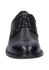 Černá kožená bota s hladkým povrchem, zaoblenou špičkou, šněrovacím systémem a texturovanou podrážkou pro lepší přilnavost. Klasický design vhodný pro formální příležitosti.