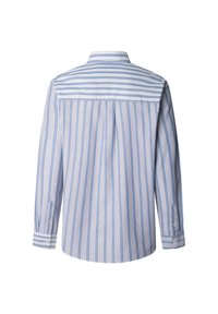 Camisa de manga larga a rayas en azul claro y blanco, con líneas verticales y un pliegue en la parte trasera. Presenta puños con botones y un cuello estándar.