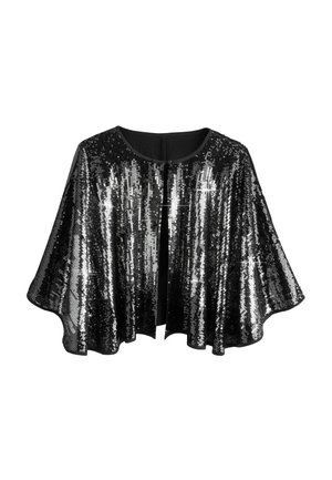 Sequin cape in black with a shimmering surface. Features a round neckline and open front design, flowing sleeves for a loose fit.