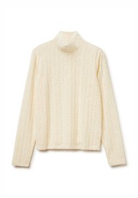 Maglietta a maniche lunghe color crema con collo alto, caratterizzata da un motivo floreale testurizzato e design a costine. Chiusura con zip sul retro.