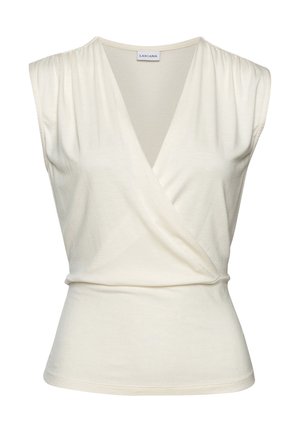 Kremfarvet ærmeløs top med V-udskæring og omslagsdesign. Lavet af blødt stof, med detaljeret skulderindsamling og en tætsiddende talje.