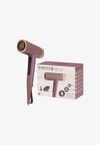Remington AIRvive hårføner i matt mauve med gyldne detaljer. Den har en bred luftutgang, flere kontrollknapper og et elegant design.