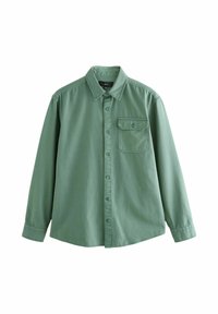 Grünes Button-Down-Hemd aus Baumwolle mit langen Ärmeln, Kragen, einer einzelnen Brusttasche und einem leicht lässigen Schnitt.