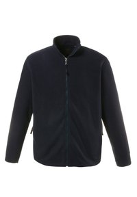 Marine fleece jack met een hoge hals, volledige ritssluiting aan de voorkant en lange mouwen. Zachte textuur en een eenvoudig ontwerp zonder patronen of accenten.