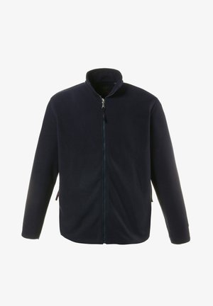Navy-Fleecejacke mit hohem Kragen, durchgehendem Reißverschluss und langen Ärmeln. Weicher Stoff und ein einfaches Design ohne Muster oder Akzente.
