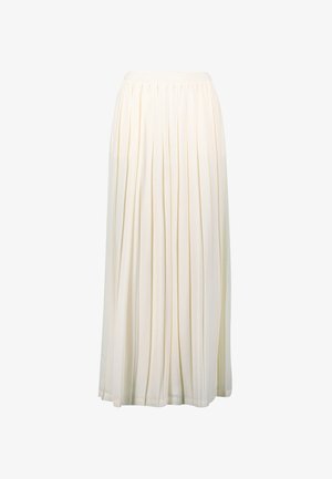 Pleated, ankle-length skirt in soft, lightweight fabric. Cream color with an elastic waistband. Features vertical folds for texture.