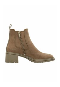 Bottines en daim marron avec des zips latéraux, matériau texturé, bout arrondi, et un talon épais avec une semelle cannelée pour l'adhérence.