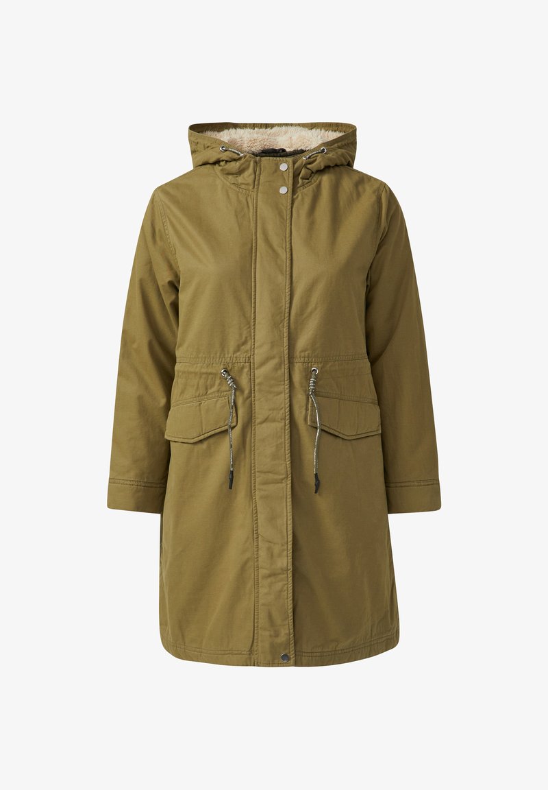 Veste parka vert olive avec intérieur doux et texturé, taille coulissée et grandes poches avant. Comprend une capuche avec des éléments en argent.