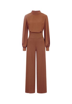 Brauner Jumpsuit mit Stehkragen, langen Puffärmeln, tailliertem Schnitt und weiten Beinen. Hergestellt aus einem glatten, weichen Stoff.