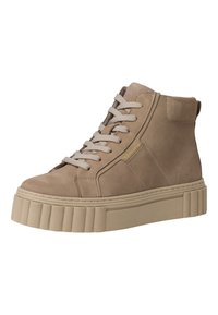 Beige high-top sneakers van suède met een gestructureerde, stevige plateauzool. Voorzien van platte veters en minimale hardwareaccenten.
