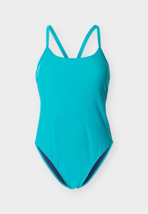 Türkisfarbener Einteiler-Badeanzug mit dünnen Schulterriemen und einem einfachen, glatten Design vor weißem Hintergrund.