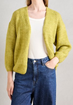 Femme portant un cardigan tricoté vert clair sur un top blanc, associé à un jean en denim bleu taille haute, main dans la poche.