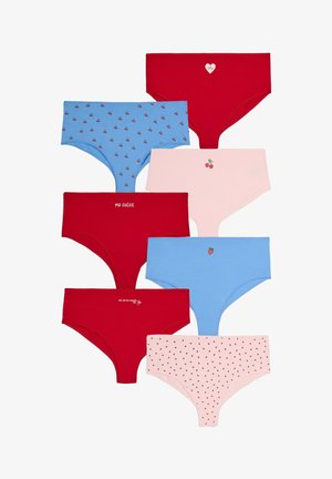 Set od osam pari ženskog donjeg rublja. Boje: crvena, svijetloplava, roza. Uzorci uključuju trešnje, srca i tekst. Mekani materijal, dizajn srednjeg struka.