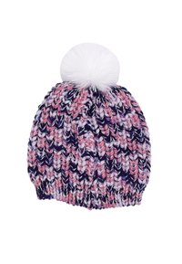 Cappello di lana a maglia in rosa, viola e bianco con un pom-pom in pelliccia sintetica sulla parte superiore. Presenta un motivo testurizzato e multicolore e una vestibilità stretta.