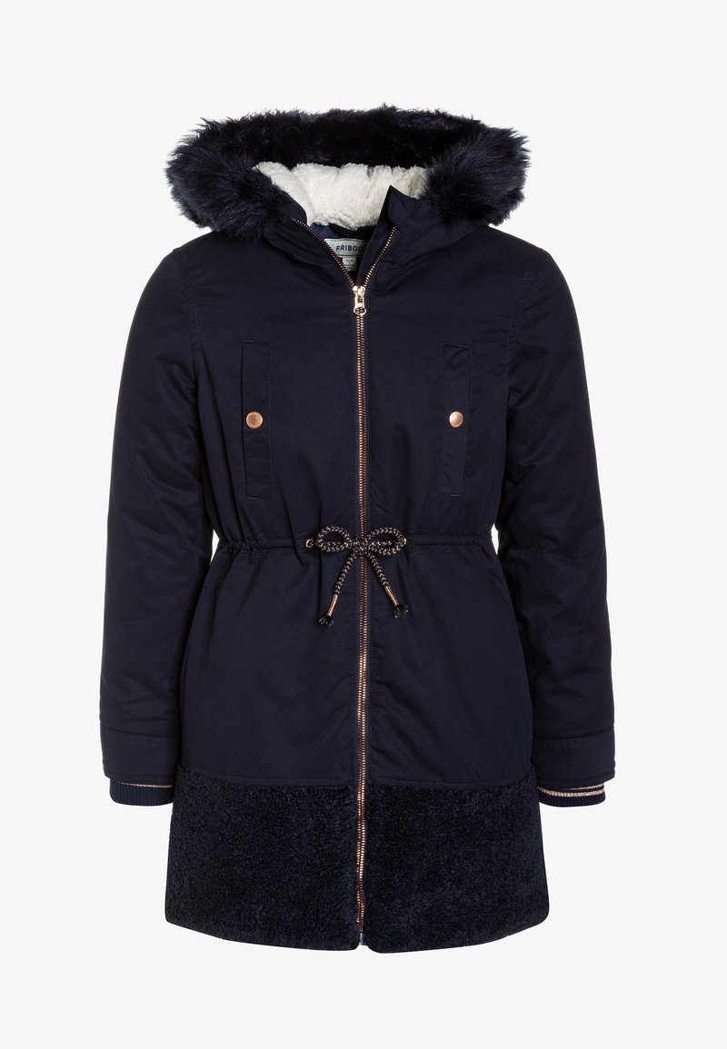 Parka d'hiver bleu marine avec capuche bordée de fausse fourrure, fermeture éclair frontale, taille à cordon, deux poches poitrine avec boutons-pression et ourlet inférieur texturé.
