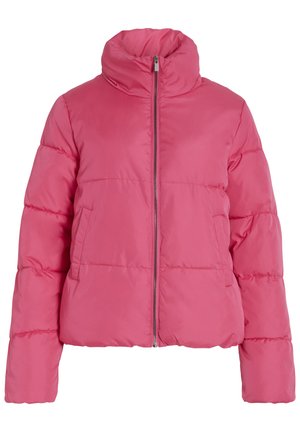 Rosa Daunenjacke mit Reißverschluss vorne, hohem Kragen und gestepptem Design. Verfügt über seitliche Taschen und einer cropped Länge. Glatte Oberfläche, leicht.