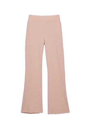 Pantaloni svasati rosa pallido realizzati in tessuto morbido, con una cintura larga e a costine e una superficie liscia, progettati per un look casual o per attività sportive.
