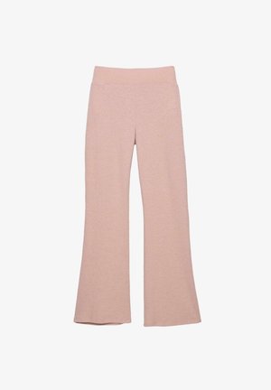 Pale pink flared pants made from soft fabric with a wide, ribbed waistband and smooth texture, designed for casual or active wear.