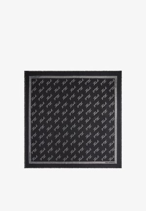 Black scarf featuring a repeating gray handwritten logo pattern, framed with a contrasting gray border, finished with fringed edges.
