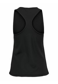 Svart tanktopp med racerback-design, glatt tekstur og ribbestrikket stoff, med rund hals og hemmede kanter.