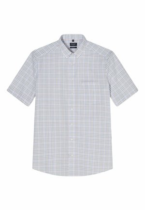 Kurzärmeliges Hemd mit weißem Grund und hellblau-orangem Karomuster, mit Kragen und Brusttasche vorne.